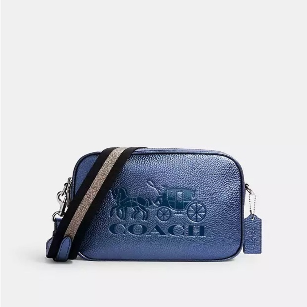 COACH Crossbody Purse with Horse and Carriage. Navy Blue Silver Stripe Strap
